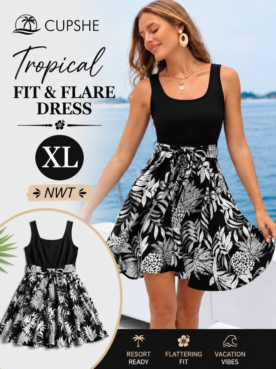 Cupshe Dresses & Skirts - NWT Cupshe Black & White Tropical Fit & Flare Dress Size XL